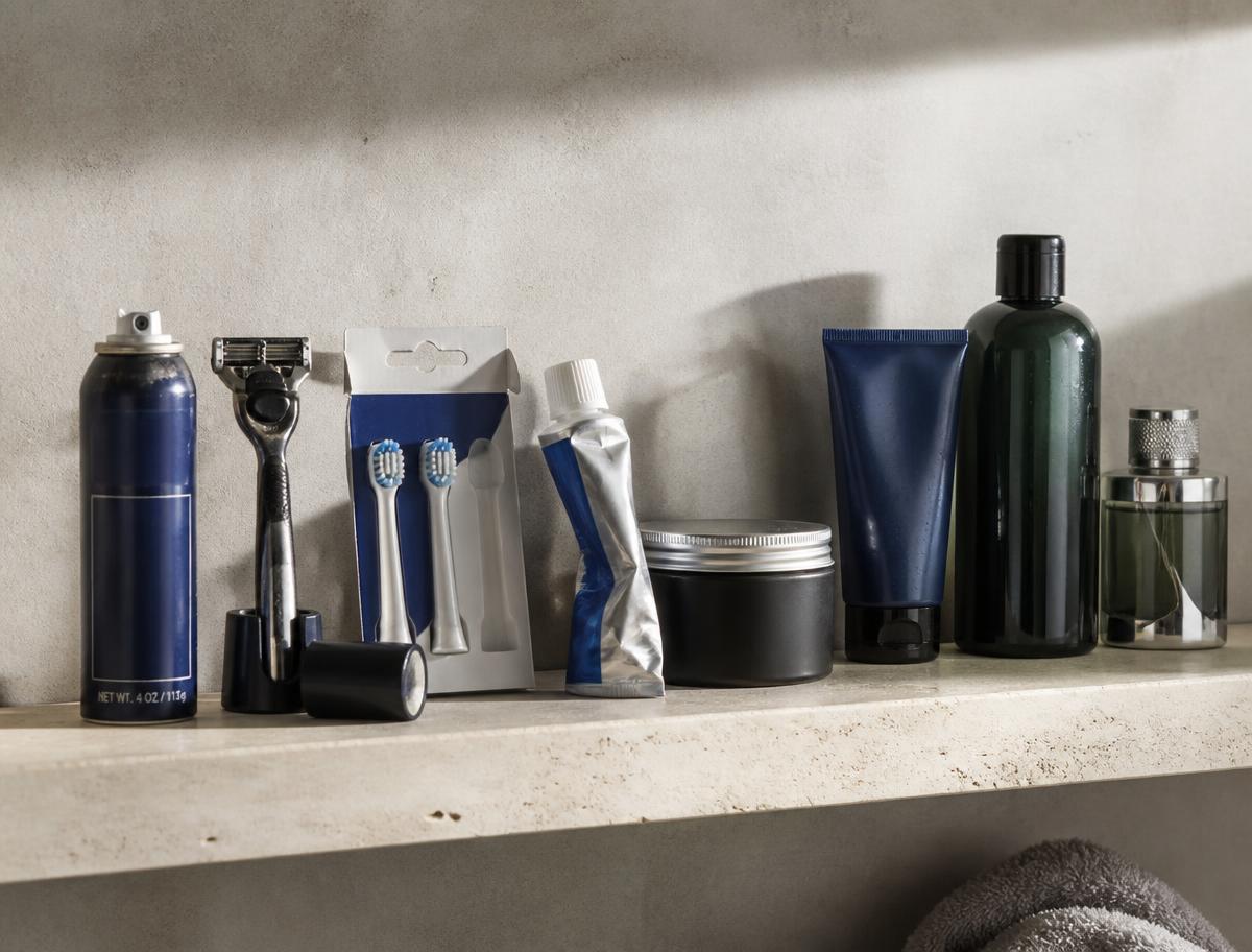 A bathroom shelf with deodorant, razor, brush heads, toothpaste, hair styling, face wash, shampoo and fragrance