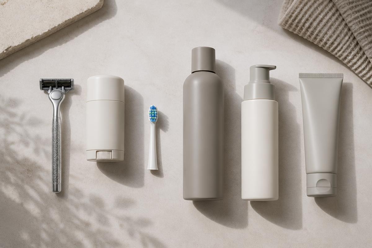 A razor, deodorant, electric toothbrush head, shampoo, face wash and shaving cream arranged on a warm stone surface