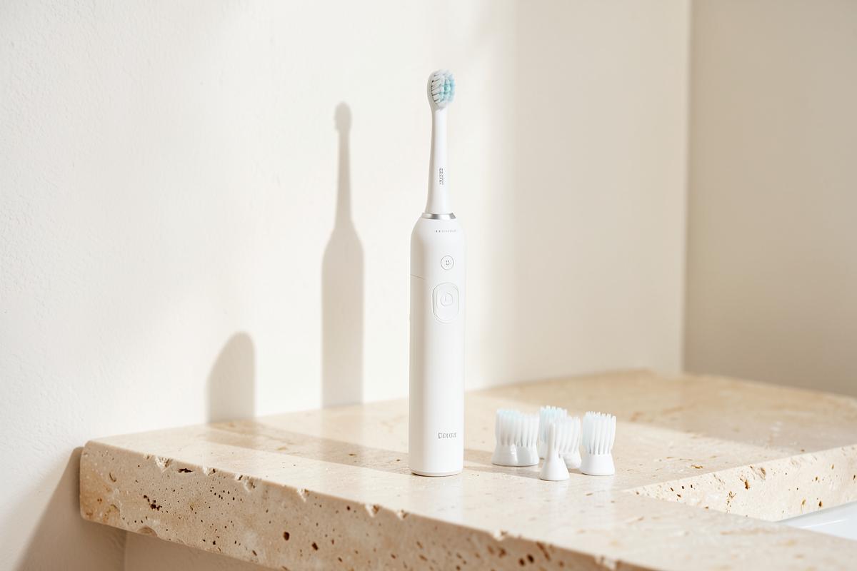White electric toothbrush and spare brush heads on a pale stone bathroom ledge
