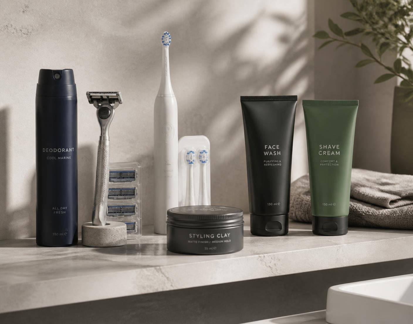 Deodorant, razor blades, toothbrush heads, hair styling, face wash and shaving cream on a bathroom shelf