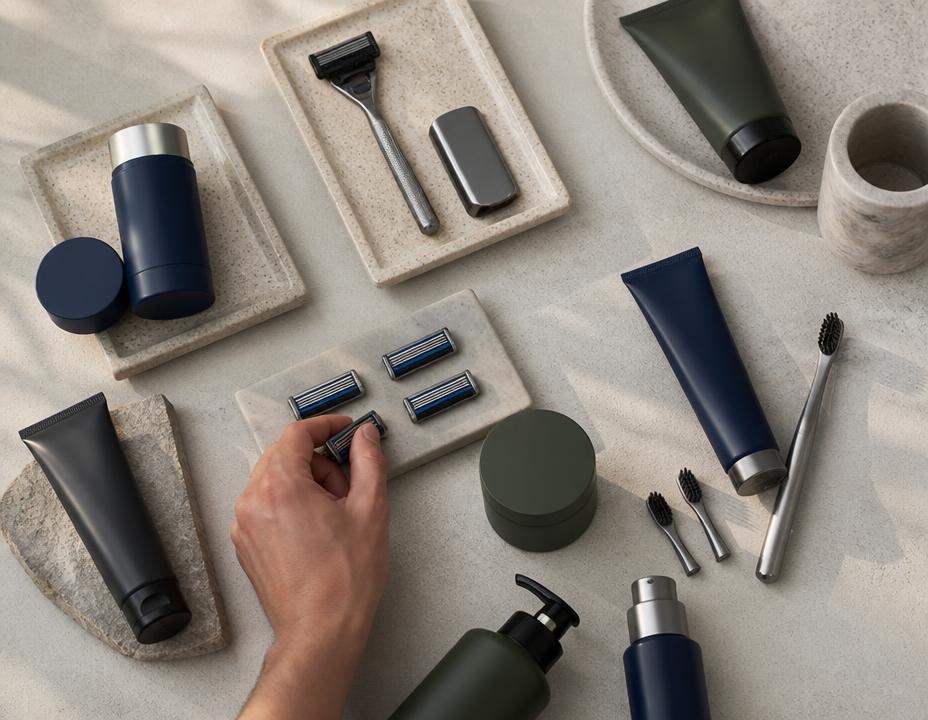 A hand choosing from deodorant, razor blades, brush heads, hair and face products