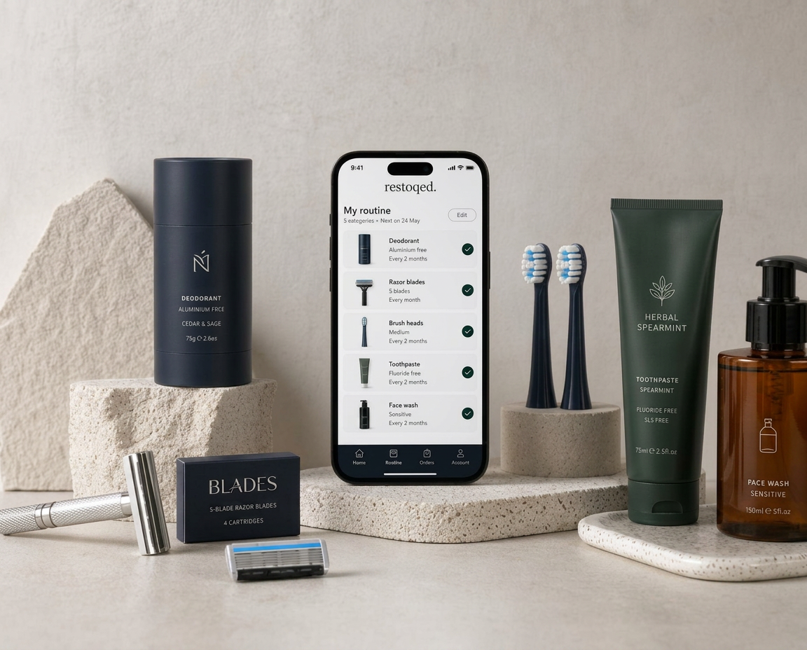 restoqed. routine interface showing several selected everyday essentials