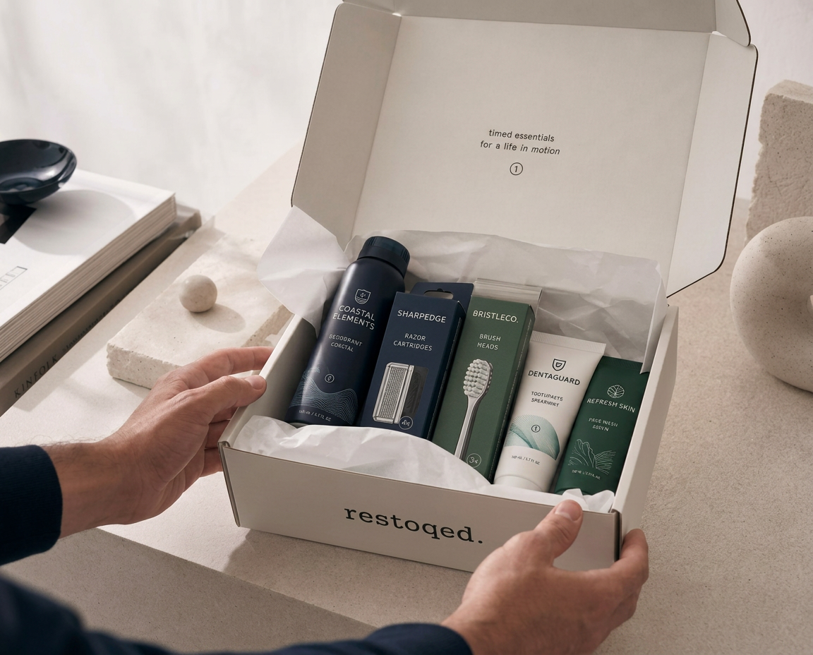 Multiple men's essentials being packed into a premium restoqed. delivery box