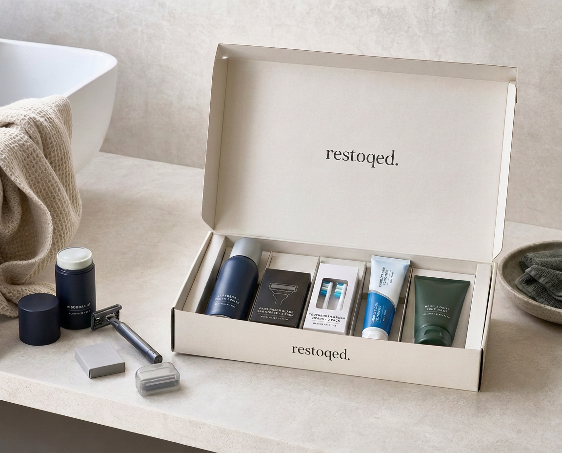 Open restoqed. box delivering deodorant, razor blades, brush heads and face products