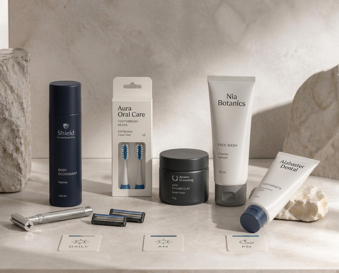 A curated routine of deodorant, brush heads, razor blades, hair styling and face care