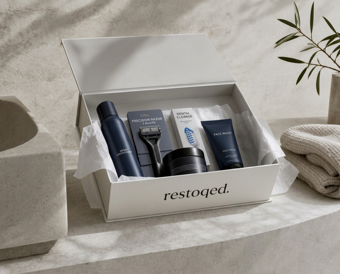 Premium restoqed. delivery box containing several men's everyday essentials