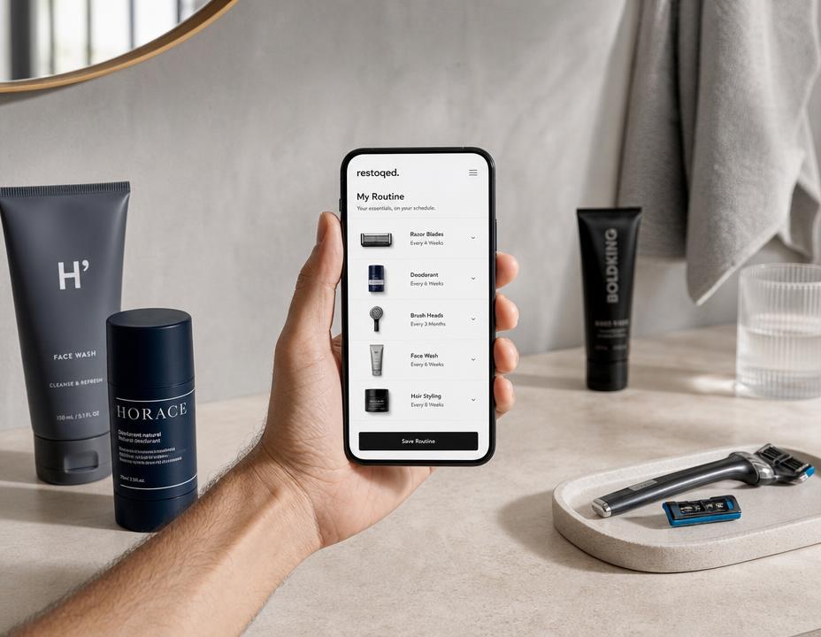 Smartphone showing a restoqed. routine with multiple selected men's essentials